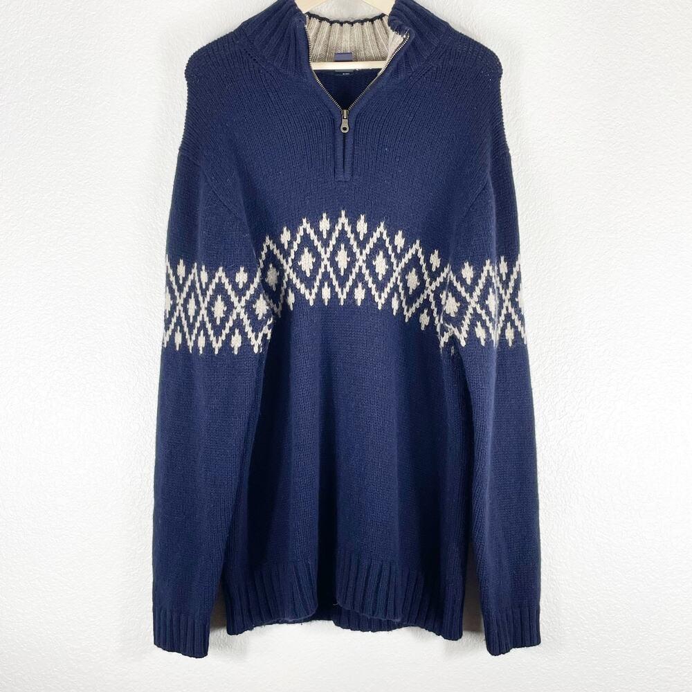 GAP Men's Navy Blue 100% Lambs Wool Sweater Sz XL Beige Fair Isle Mock Neck Zip